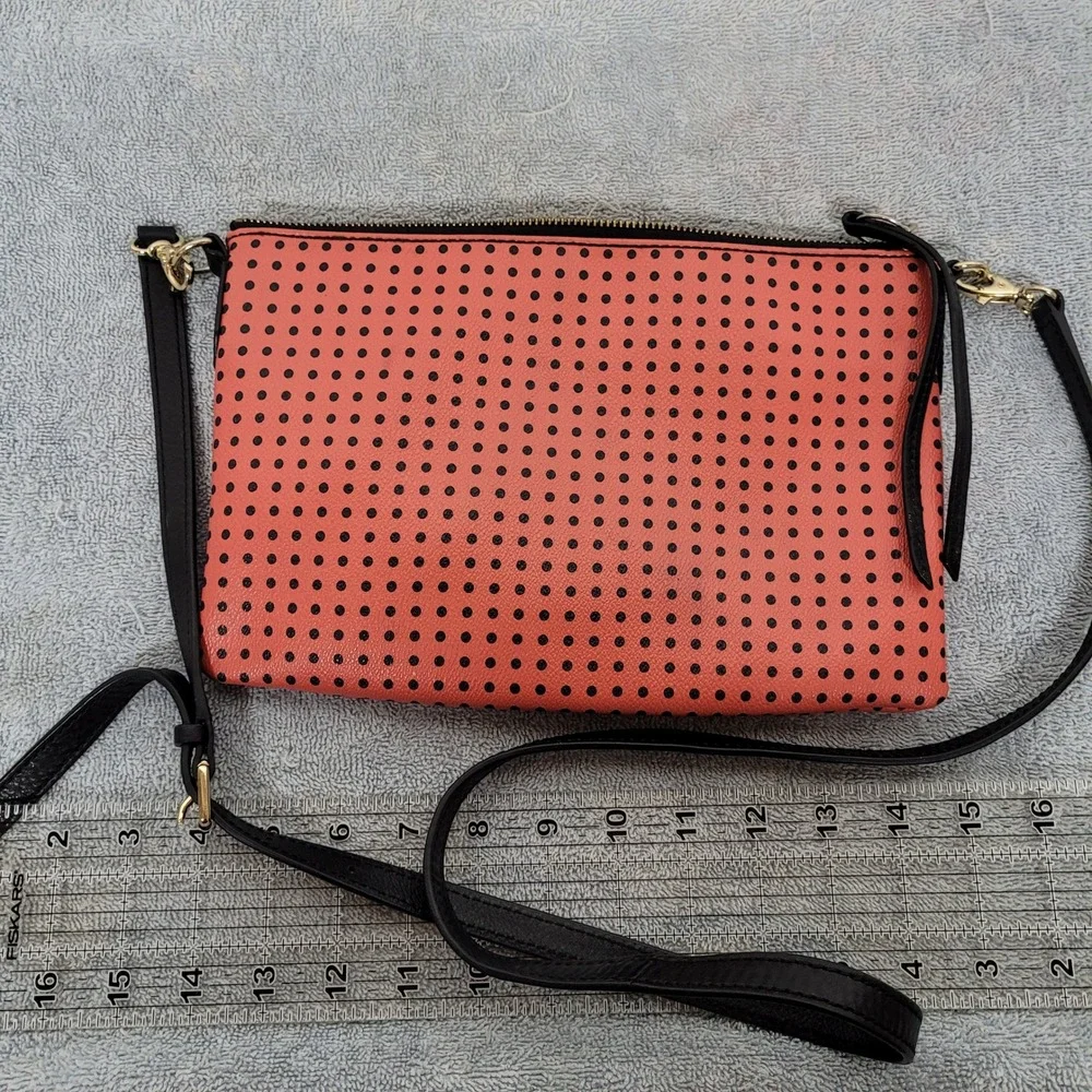 Fossil Coral Pink Black Polka Dot Perforated Leather Crossbody Bag Clutch‎